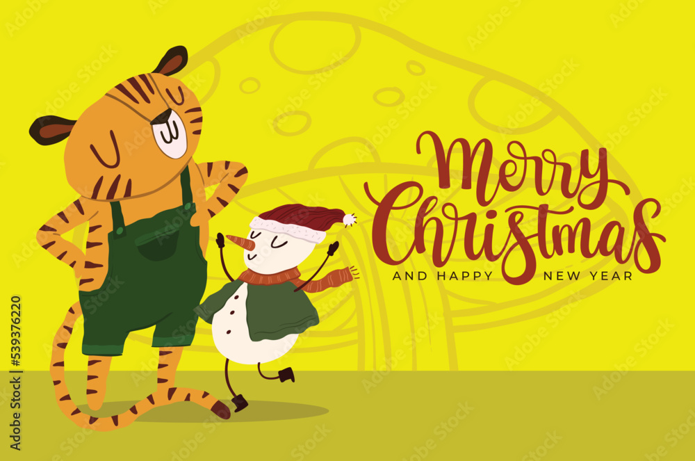 Merry christmas and happy new year greeting card design with cute tiger character and little snowman