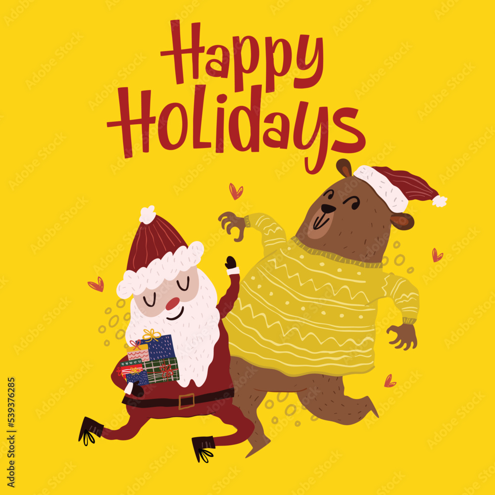 Fototapeta premium Funny Santa Claus with gifts box and cute bear on happy holidays text in vector
