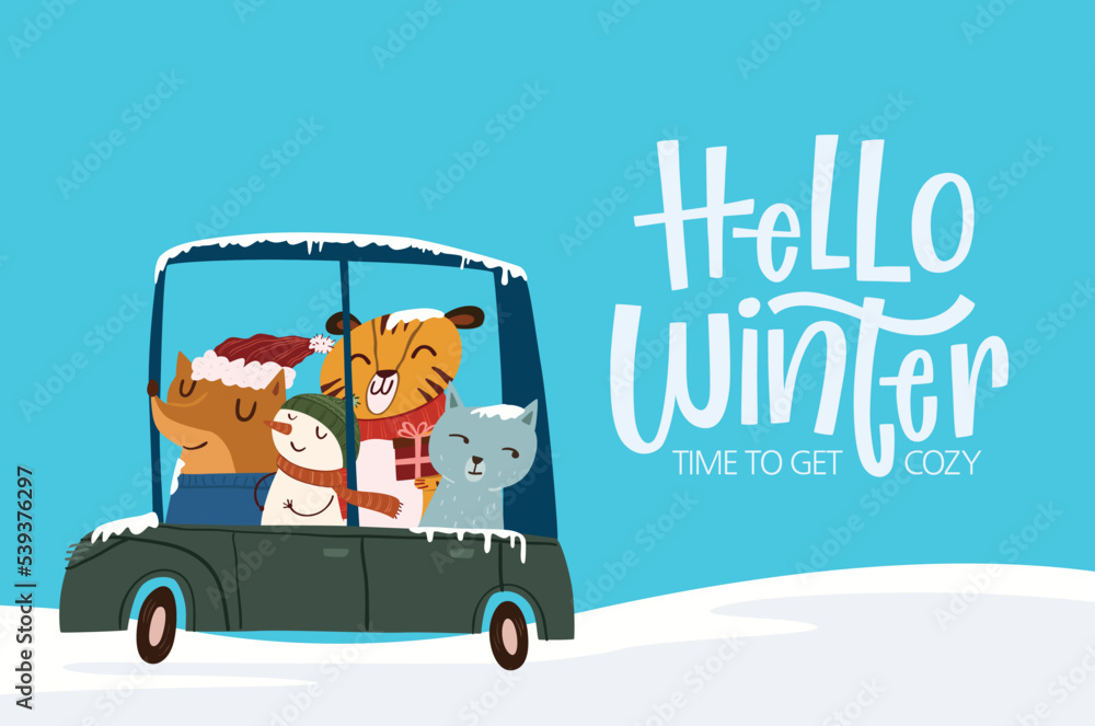 Cute Animal driving a Car with happy friends in winter, Sweet Christmas Illustration Cute Animal driving a Car with happy friends in winter, Sweet Christmas Illustration