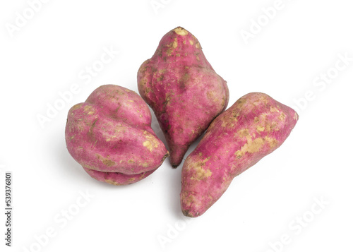 close up of purple skin sweet potato isolated on white background