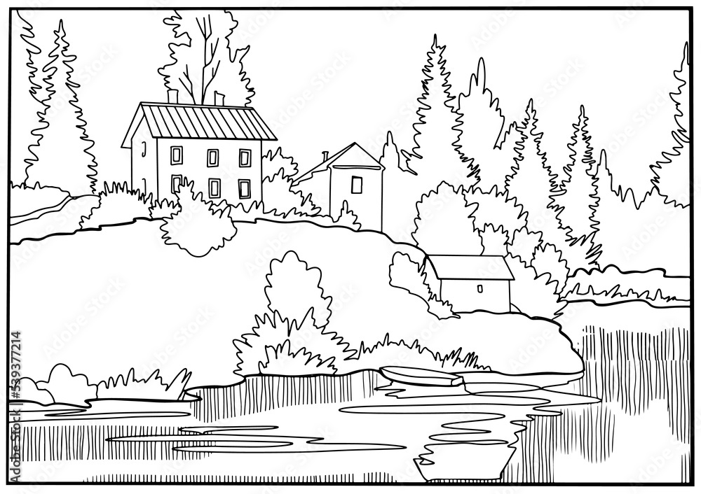 Houses among the trees stand on the banks of the river. Coloring book. Antistress for children and adults.