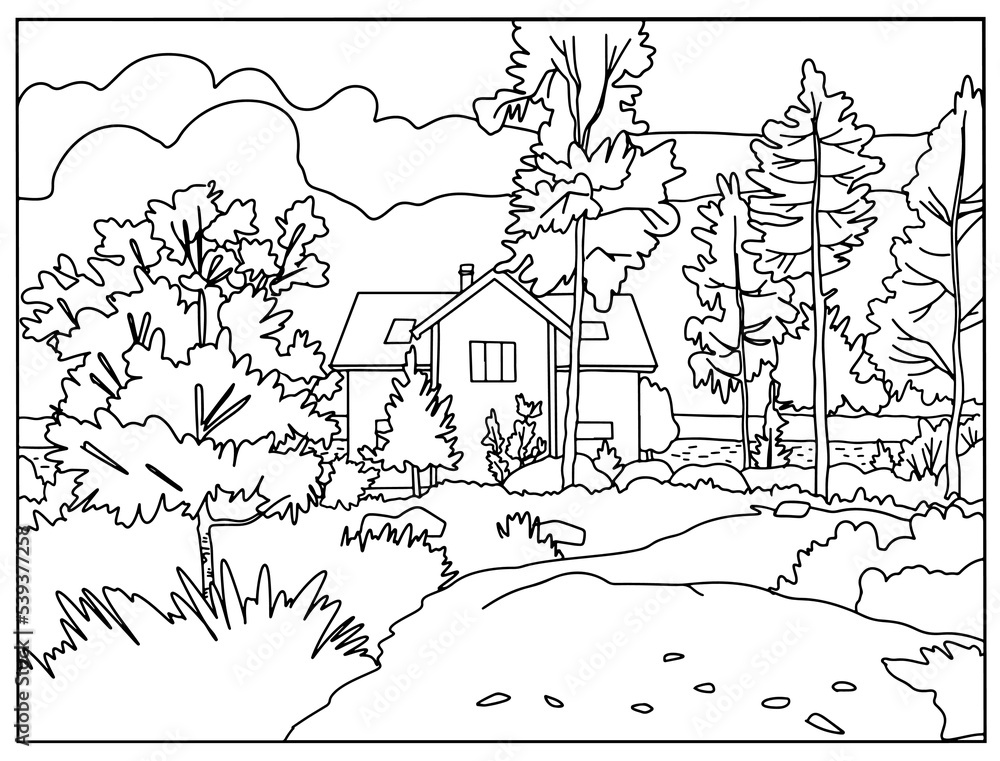 Coloring book . Lovely landscape , farmhouse in the forest . Vector art line background.