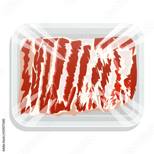 Ribs of pork or lamb in a plastic tray. Fresh meat in a vacuum pack. Top view. Vector illustration.