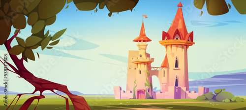Magic castle on green field at summer day. Fantasy medieval architecture, palace or fortress with towers, bridge and climbing ivy. Fairytale palace and tree under blye sky Cartoon vector illustration photo