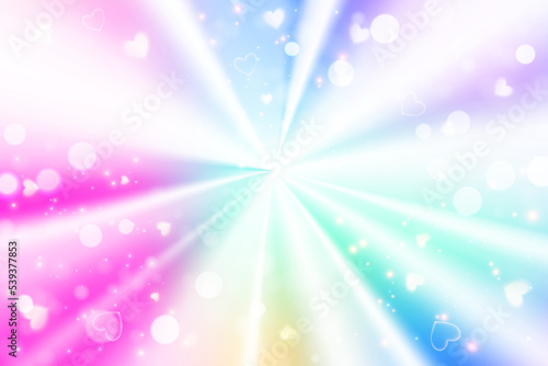 Holographic radial foil gradient background with stars hearts and bokeh. Fantasy circle conical texture. Rainbow unicorn wallpaper. Vector Illustration