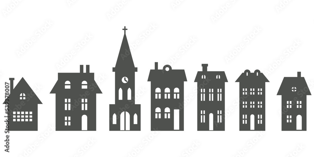 Silhouette of cottages and church in neighborhood. Set of houses on suburban street. Countryside cottagess. Glyph vector illustration.