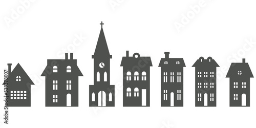 Silhouette of cottages and church in neighborhood. Set of houses on suburban street. Countryside cottagess. Glyph vector illustration.