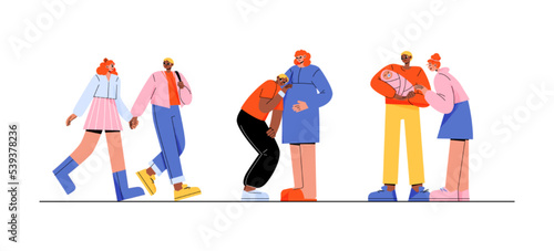 Family development stages, couple in love, man with pregnant woman and parents with baby. Happy people with newborn child, multiracial family concept, vector flat illustration