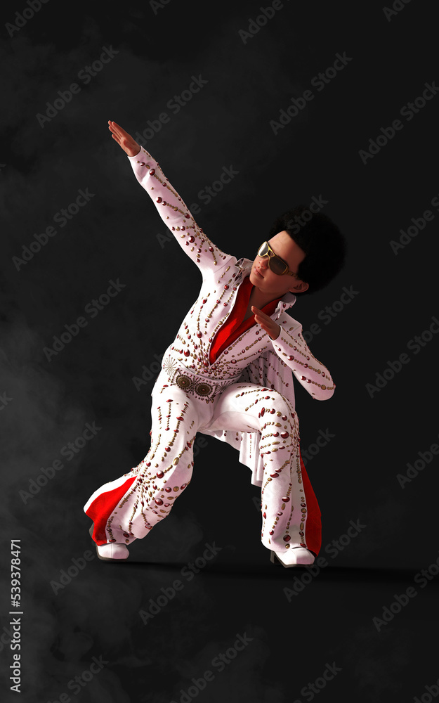 3d Illustration Beautiful sportive boy dancing in stylish clothes on black background at dance hall in smoke. Youth culture, movement, style and fashion, action.