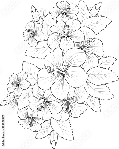 illustration of a hibiscus flower, vector sketch pencil art, bouquet floral coloring page and book isolated on white background clipart.
