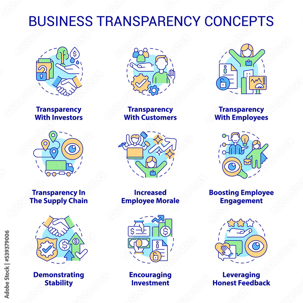 Business transparency concept icons set. Sharing company information. Trustful customer service idea thin line color illustrations. Isolated outline drawings