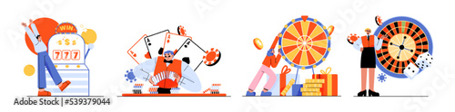 People playing casino and gamble games isolated set. Gambling concept with male and female characters spin roulette, slot machine, poker and lottery fortune games, Linear flat vector illustration