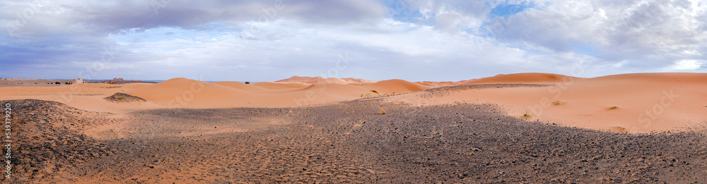 Panoramic view at the Dunes of Sahara desert near Erg Chebbi - Morocco Panoramic view at the Dunes of Sahara desert near Erg Chebbi - Morocco