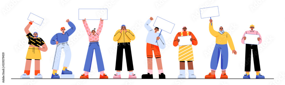 Protest people with placards and banners on rally demonstration or strike. Characters holding empty signs fighting for their rights, activists crowd picketing on riot, Linear flat vector illustration