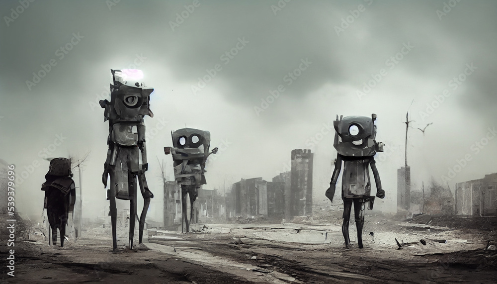 Fototapeta premium robots walking in the desolated city, doom, sadness, empty buildings, catastrophe doom