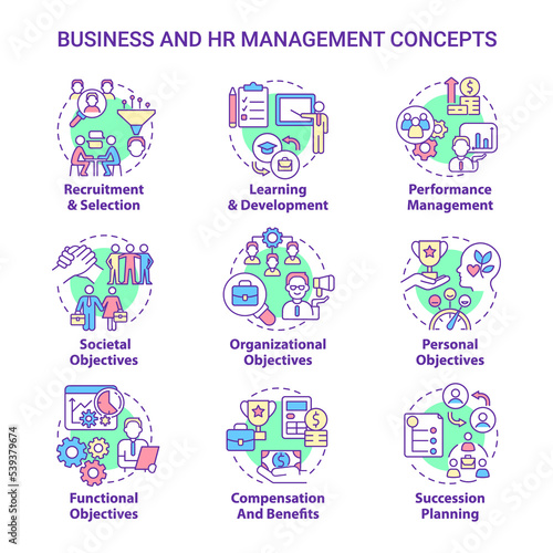 HR and business management concept icons set. Human resource department duties idea thin line color illustrations. Isolated outline drawings © bsd studio