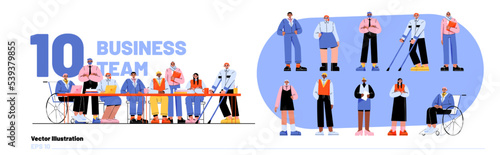 Business team set with diverse people, persons with disabilities. Multiracial group of employees sitting at table with laplops, african american, asian and muslim characters, vector flat illustration