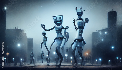 a dancing humanoid robots in the night, blue gray, expression of emotions, happy passionate dance