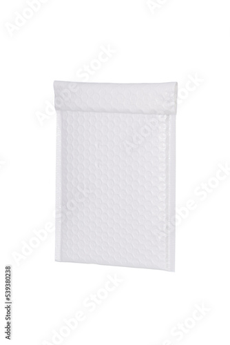 Close-up shot of a white bubble envelope for mailing cosmetics and beauty products. The bubble-lined envelope is isolated on a white background. Front view. photo