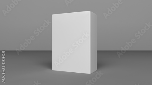 Package blank white box mockup. Empty white box packaging. Product packaging display on white room background. Blank empty product mockup. 3D rendering. 