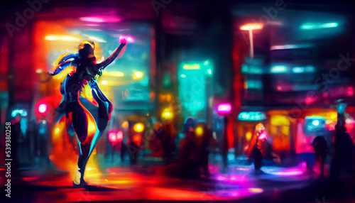 a dancing person in the night, colorful city lights, expression of emotions, happy passionate dance solo