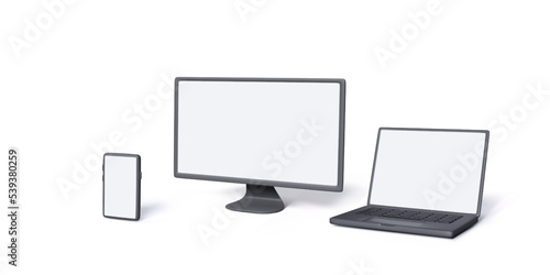 Laptop PC monitor and smartphone mock up. 3D gadgets set. Realistic computer devices template for business banners design