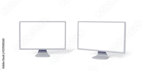 PC monitors with white empty screens. Computer 3D monitor mock up in silver colors. Modern lcd gadgets for business banners