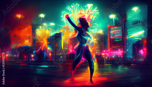 a dancing woman in the night, fireworks around her, colorful city lights, expression of emotions, happy passionate dance solo