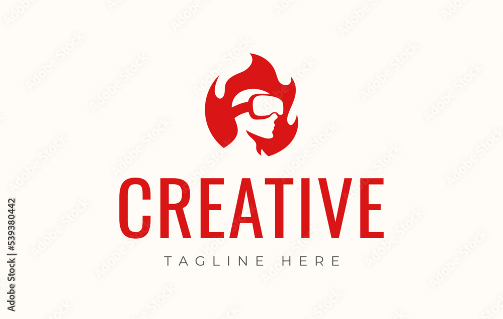 VR Virtual Reality Glasses, Burning Head Logo Design Template VR Virtual Reality Glasses, Burning Head Logo Design Template