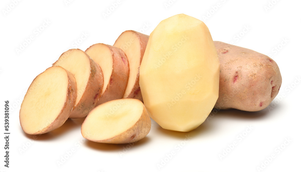 potatoes close-up, raw and sliced, objects are isolated on a white background