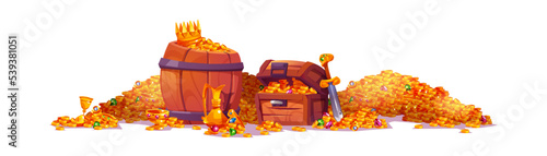 Treasure, pirate chest, gold, wooden barrel with crown and coins. Filibusters loot crystal gems, sword in pile of gold, goblet with precious rocks, isolated game assets, Cartoon vector illustration