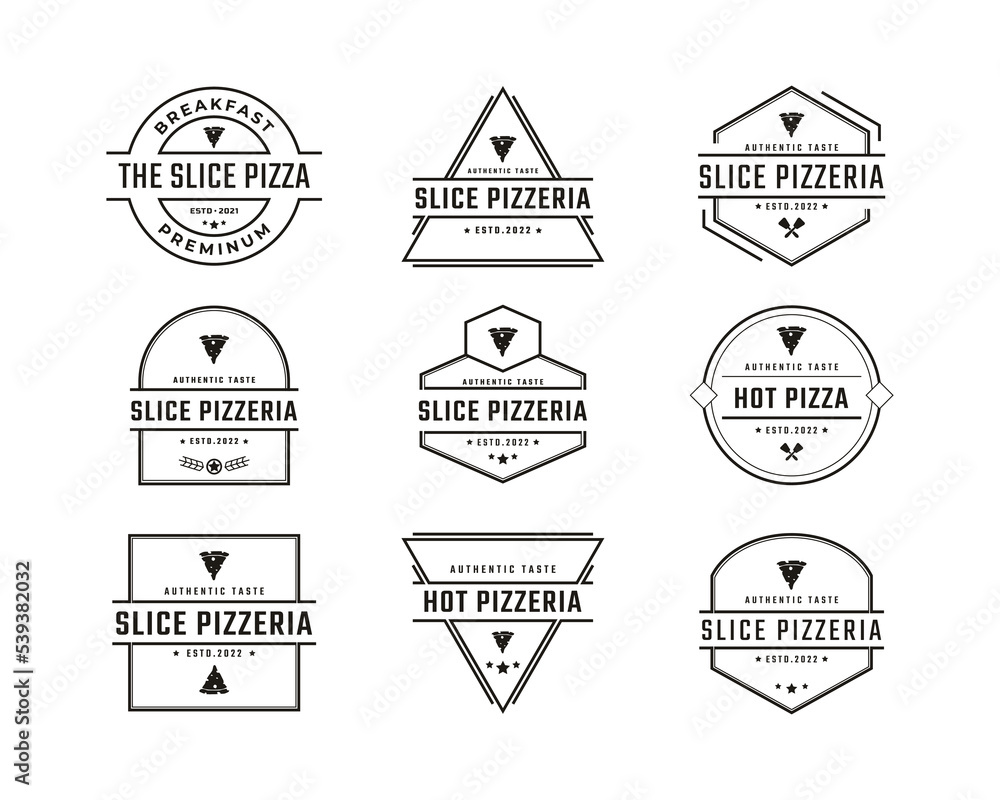 Vintage Retro Badge Emblem Pizza Slice, Pizzeria Restaurant Bar Bistro Logo Design Linear Style