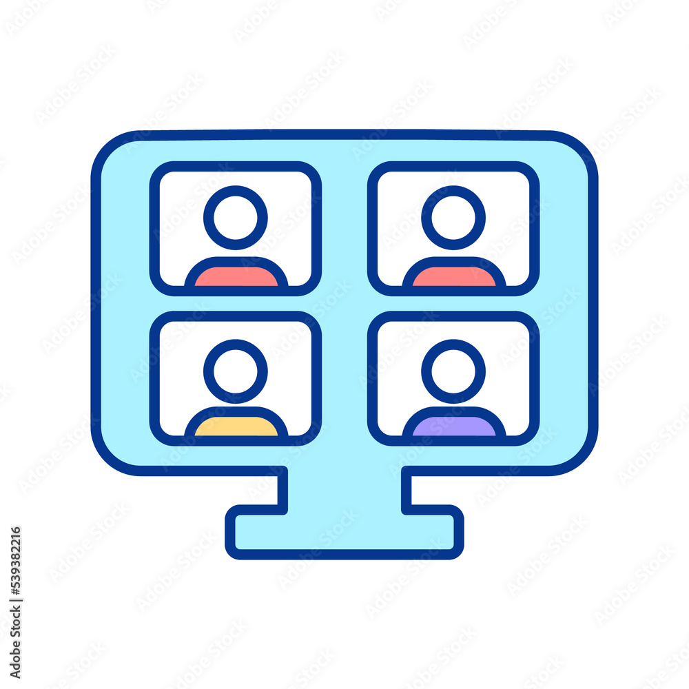 Video conference RGB color icon. Distant communication. Online meeting and teamwork. Internet call. Isolated raster illustration. Simple filled line drawing Video conference RGB color icon. Distant communication. Online meeting and teamwork. Internet call. Isolated raster illustration. Simple filled line drawing