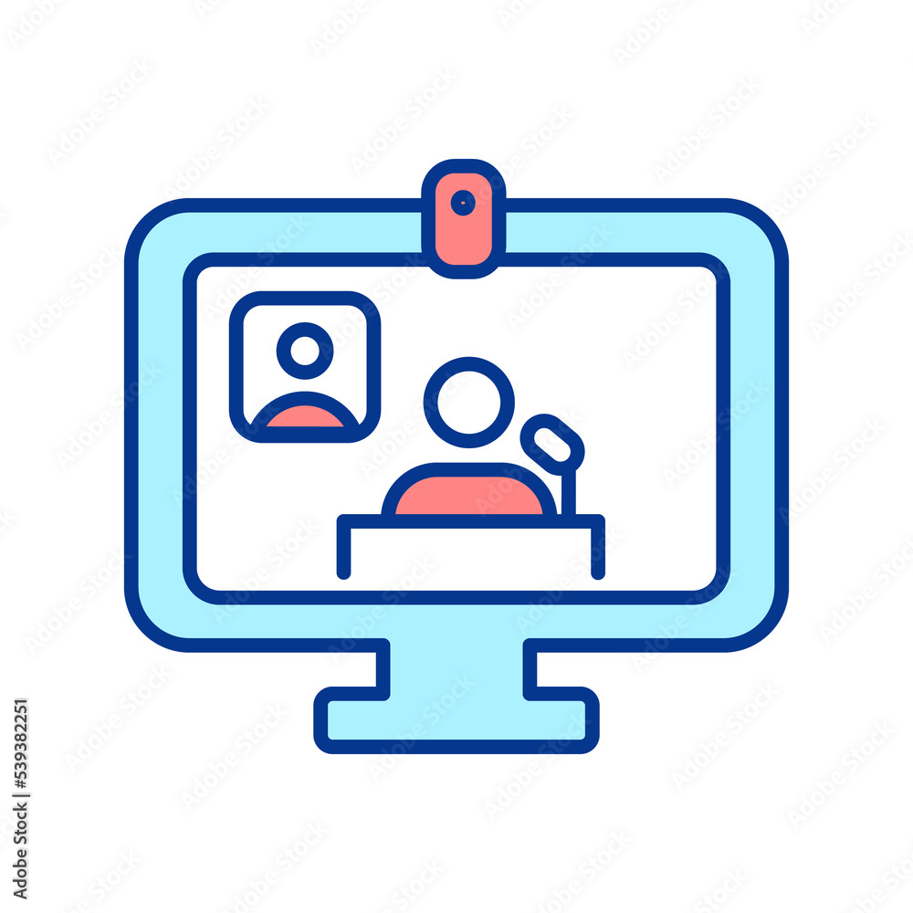 Online lecture RGB color icon. Electronic learning. Internet course. Distant education. Teaching online. Isolated raster illustration. Simple filled line drawing Online lecture RGB color icon. Electronic learning. Internet course. Distant education. Teaching online. Isolated raster illustration. Simple filled line drawing
