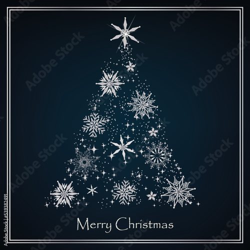 Abstract silver Christmas tree with silver Snowflakes. Elegant Christmas card