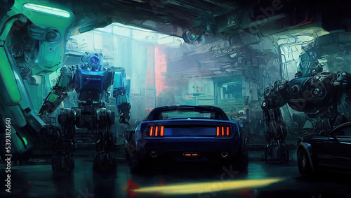 AI generated image of a futuristic car service center with robot car-servicemen 