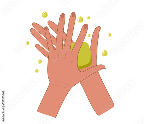 Hands with natural soap. Washing hands with soap vector illustration. For natural organic products. Wash your hands. Hygiene poster. Spa natural treatments, diy cosmetic, bathing, eco concept