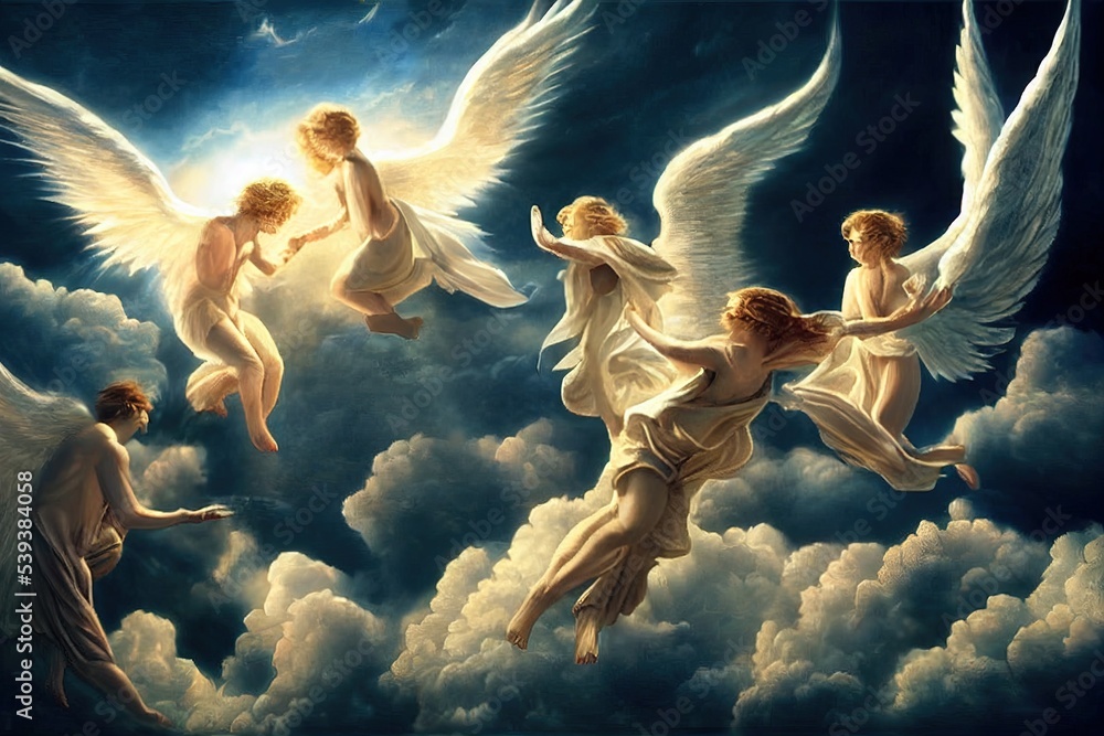 illustration of angels in heaven - obrazy, fototapety, plakaty 