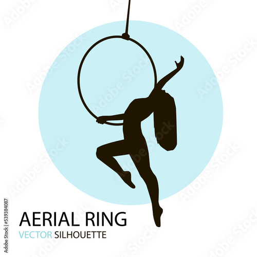 Silhouettes of a gymnast with the aerial ring. Vector illustration on white background. Air gymnastics 
