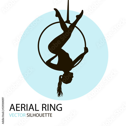 Silhouettes of a gymnast with the aerial ring. Vector illustration on white background. Air gymnastics 