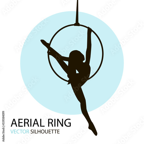 Silhouettes of a gymnast with the aerial ring. Vector illustration on white background. Air gymnastics 