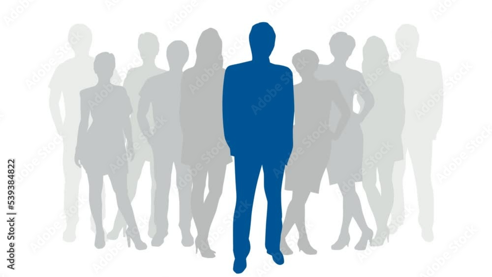 Businessman poses together with his workgroup. teamwork and collaboration concept. People in silhouette, animated illustration Businessman poses together with his workgroup. teamwork and collaboration concept. People in silhouette, animated illustration