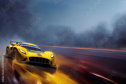 Modern race car riding through the smoke, blurred motion. Beautiful illustration generated by Ai, is not based on any real image or character