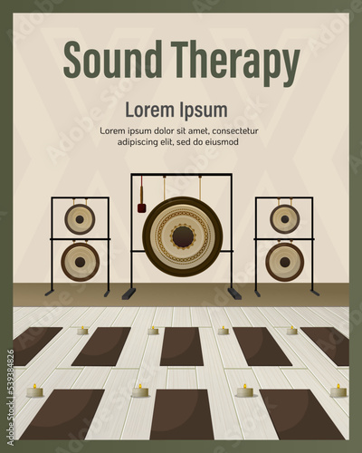 Gong meditations and sound therapy. Meditation room. Illustration of a meditation kit that includes a gongs and yoga mats. 