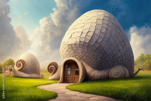 Fantasy houses in shape of the snail shell. Beautiful illustration generated by Ai, is not based on any real image or character