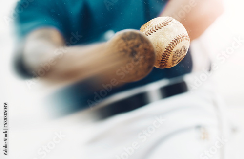 Obraz na plátně Baseball, sports and training where a bat hit a ball closeup for exercise, fitness or a workout