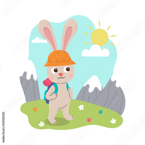 Rabbit hiking with backpack in nature in flat cartoon style. Summer character, outdoor activity.