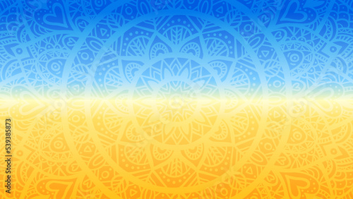 mandala with Ukrainian flag colors. Stand, Pray for Ukraine, Support the Ukraine wallpaper. Blue Yellow icon with colors of Ukrainian flag. War in Ukraine concept.