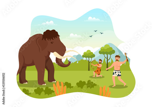 Prehistoric Stone Age Tribes Hunting Large Animals with Weapon in Flat Cartoon Hand Drawing Template Illustration