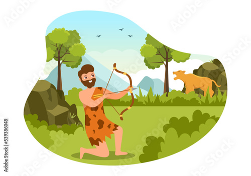 Prehistoric Stone Age Tribes Hunting Large Animals with Weapon in Flat Cartoon Hand Drawing Template Illustration